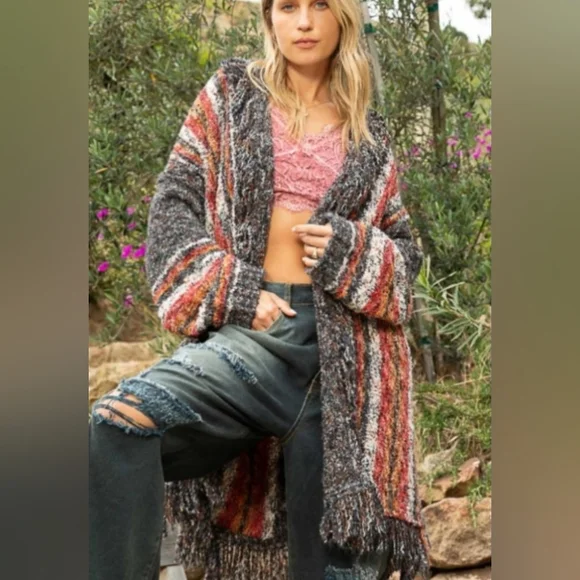 POL Belted Fringe Cardigan Sweater sz med - Picture 5 of 7